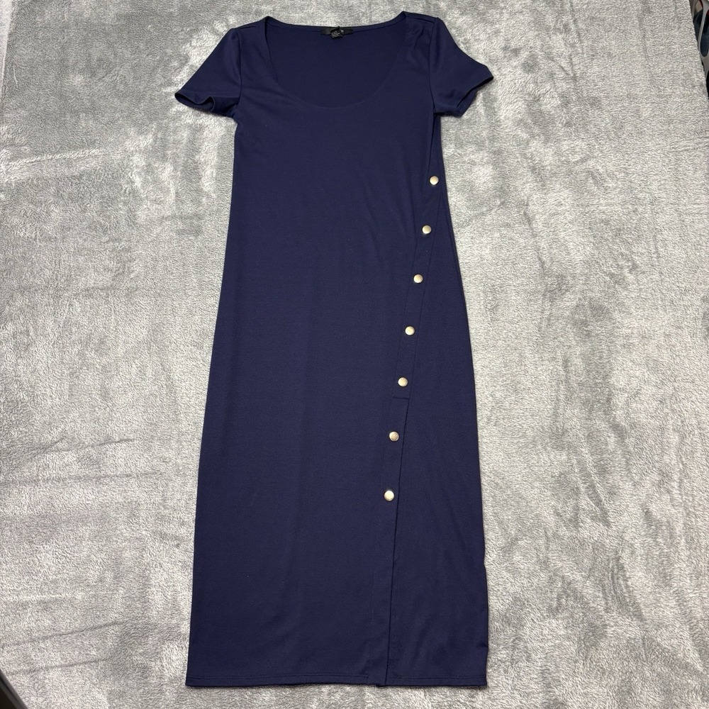 Forever 21‎ Women's Navy Blue Midi Dress Side Button Short Sleeve Stretch Size M